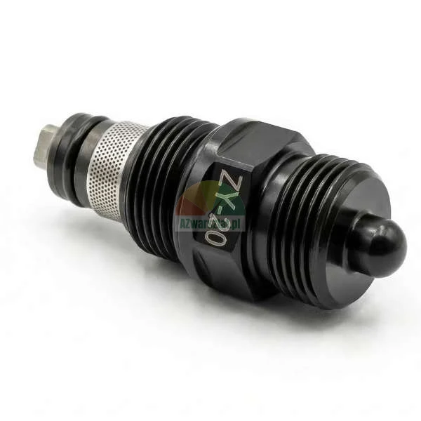 Black threaded hydraulic cartridge valve ZY-20 with mesh filter on a white background