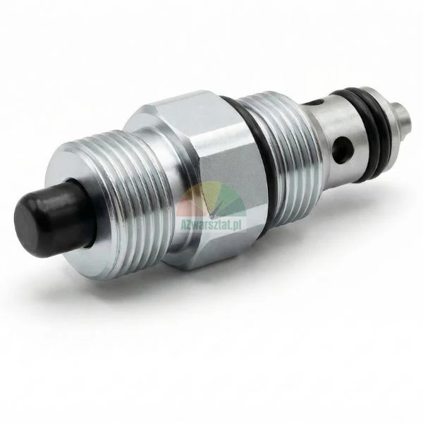 Hydraulic screw-in cartridge valve with steel body, sealing O-rings, and black manual push button