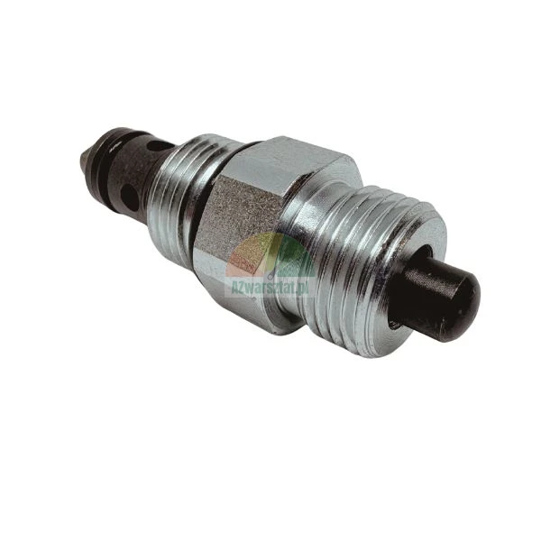 Hydraulic screw-in cartridge valve with metal body and external thread isolated on white background.
