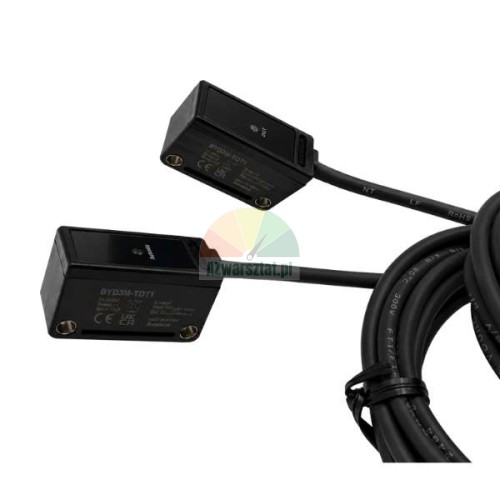 Autonics BYD3M-TDT through-beam sensor with transmitter, receiver, and cables on a white background.