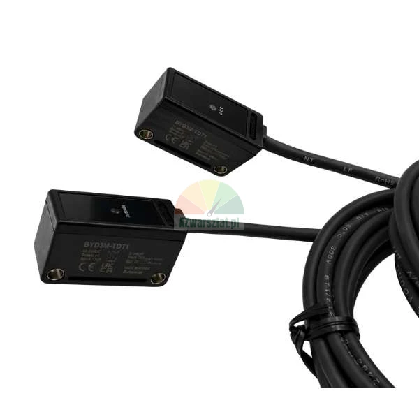Autonics BYD3M-TDT through-beam sensor with transmitter, receiver, and cables on a white background.