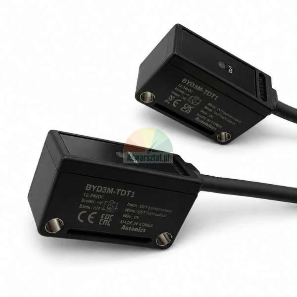 Two miniature Autonics BYD3M-TDT1 photoelectric sensors in black rectangular housings with connection cables on a white background.