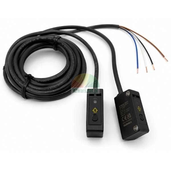 Miniature Autonics photoelectric sensor with emitter, receiver, and coiled cable on a white background.