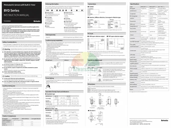 Instruction manual for Autonics BYD series photoelectric sensors with built-in timer, showing wiring diagrams and technical specifications.