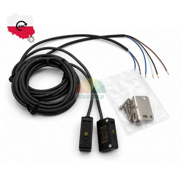 Miniature photoelectric sensor set with connection cables and mounting hardware