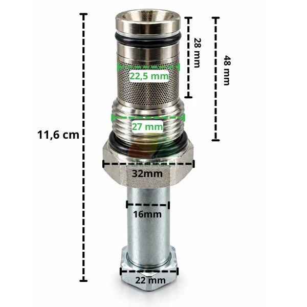 Solenoid cartridge lowering valve 16 mm with G27 mm thread and technical dimensions