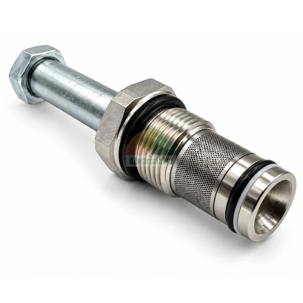 Metal hydraulic screw-in cartridge valve with adjustment bolt, mesh strainer, and rubber O-rings on a white background