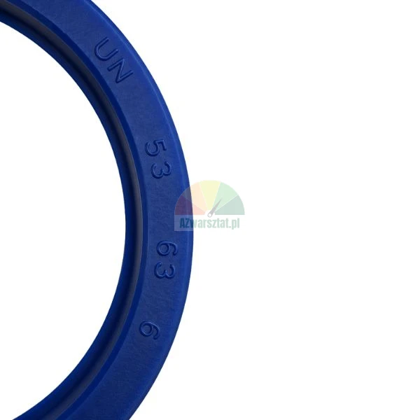 Blue hydraulic polyurethane U-cup seal with marking UN 53 63 6 on a white background