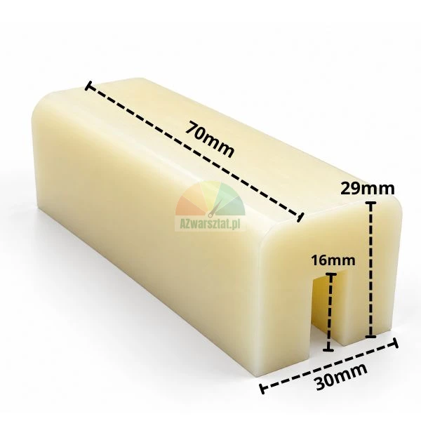 White car lift slider block measuring 70x30x29 mm with a guide groove