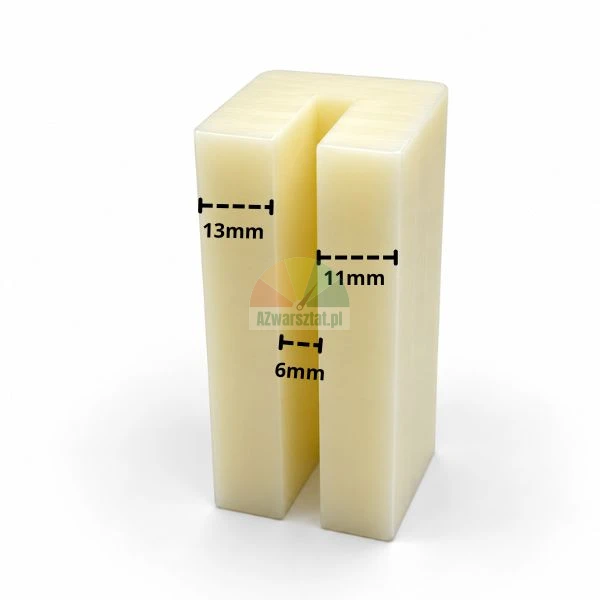 Plastic U-shaped guide block with marked dimensions 13 mm, 11 mm, and 6 mm groove width on white background.