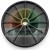 Black plastic spool flange with radial reinforcing ribs and a center hole on a white background.