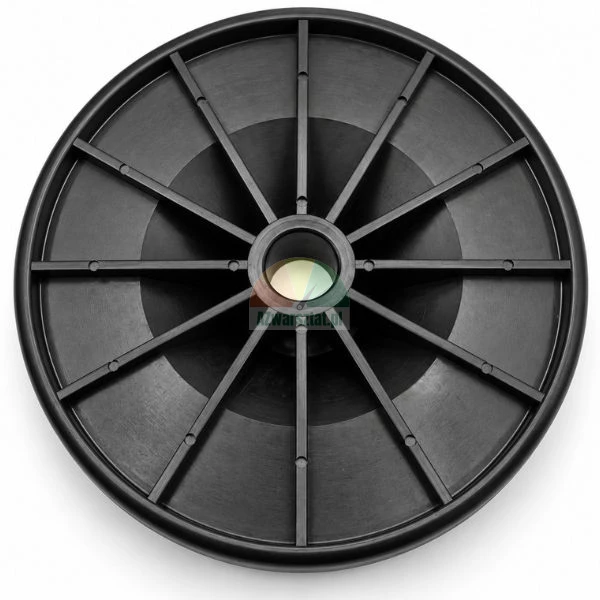 Black plastic spool flange with radial reinforcing ribs and a center hole on a white background.