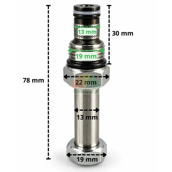 Lowering valve for 13 mm solenoid coil with dimension markings