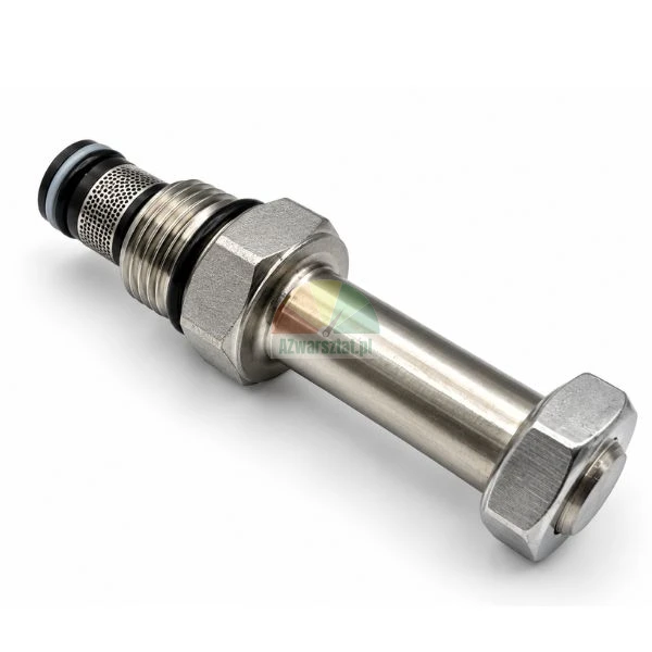 Metal hydraulic cartridge valve with mesh filter screen and o-rings on a white background.