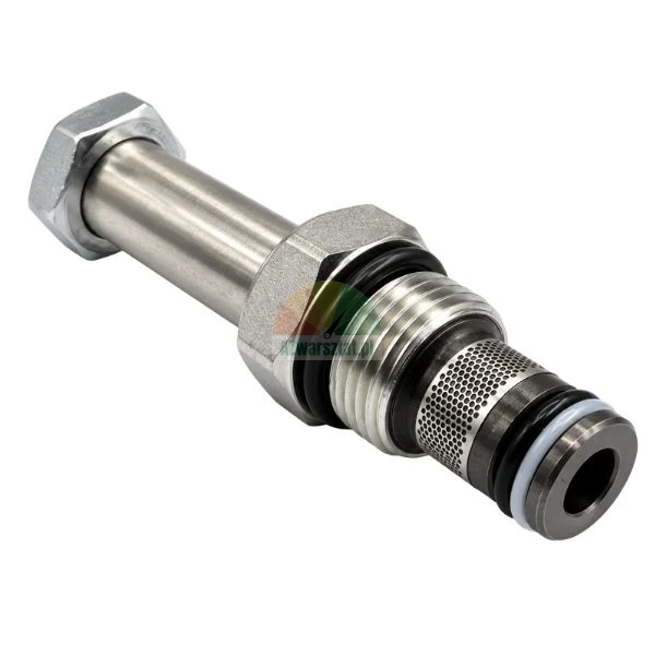 Metal hydraulic cartridge valve with thread, O-ring seals and mesh filter on a white background