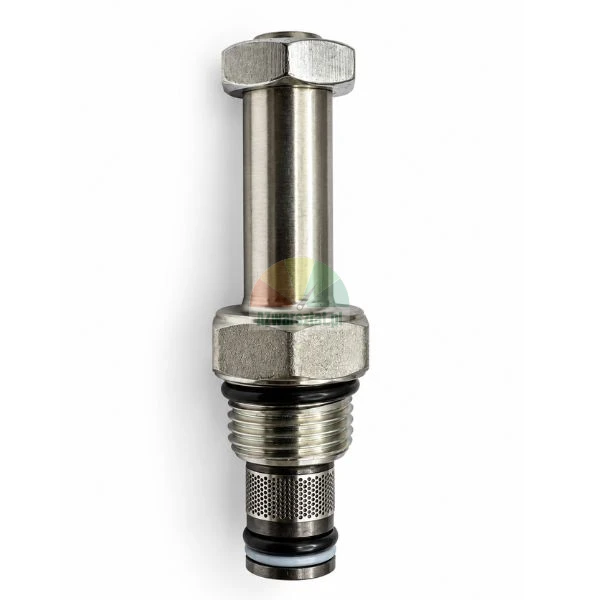 Metal hydraulic cartridge valve with thread, mesh filter and o-rings on a white background.