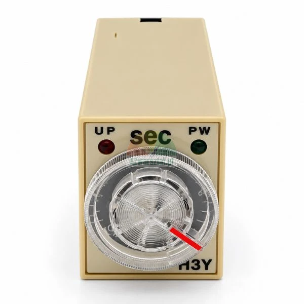 Analog timer relay model H3Y with rotary dial knob and status LED indicators.