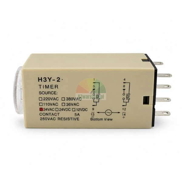 H3Y-2 electronic timer relay module with connection diagram and 24VAC rating on beige casing