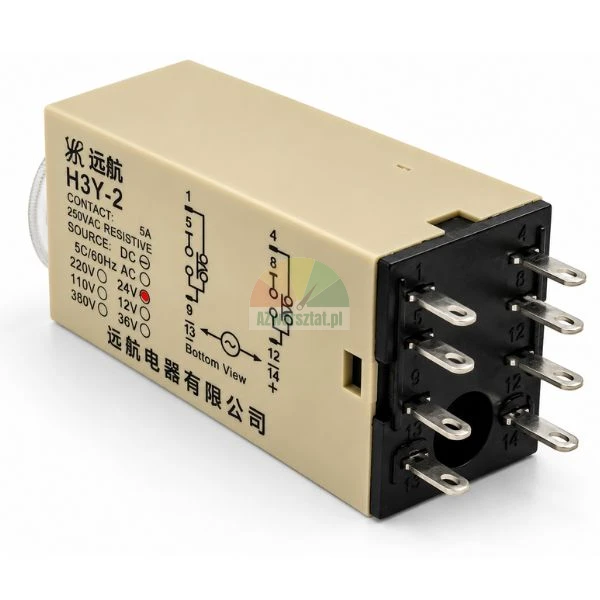 H3Y-2 electronic timer relay with connection diagram and pin terminals on a white background