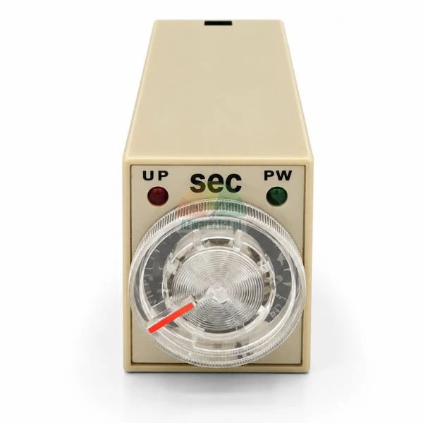 Analog time relay in a beige housing with a transparent dial knob for seconds and LED indicators