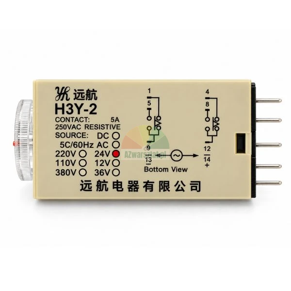 Solid-state timer relay model H3Y-2 for 24V with technical wiring diagram and adjustment dial on a white background