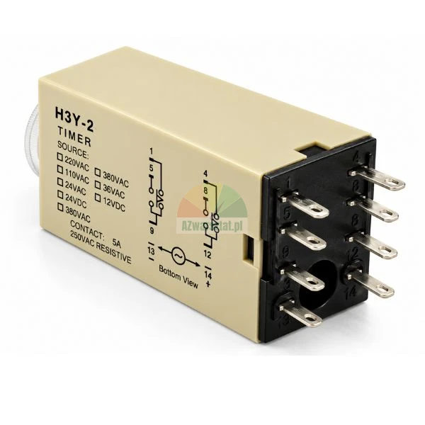 H3Y-2 electronic timer relay in a beige casing with wiring diagram and connector pins visible
