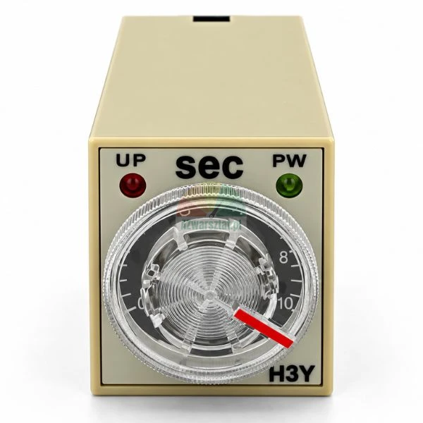 Analog timer relay module H3Y with time adjustment dial up to 10 seconds and status LEDs on white background