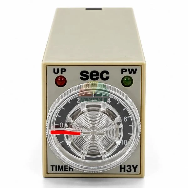 Analog solid-state timer relay H3Y with 0-10 seconds adjustment dial and indicator LEDs on white background