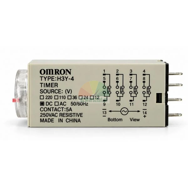 Omron H3Y-4 timer relay with wiring diagram and adjustment dial on a white background.