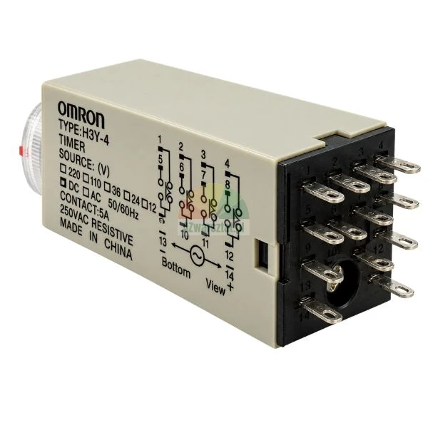 Omron H3Y-4 timer relay with wiring diagram and 14-pin base on a white background