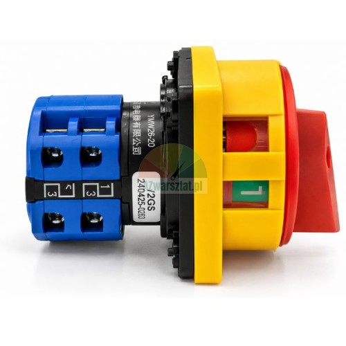 20A rotary cam main switch with red and yellow safety knob and blue terminal block