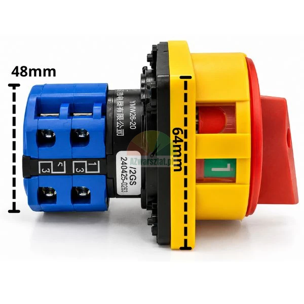 20A main switch with dimensions 48mm and 64mm, side view