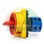 Yellow and red rotary cam main switch with blue terminal body on a white background.