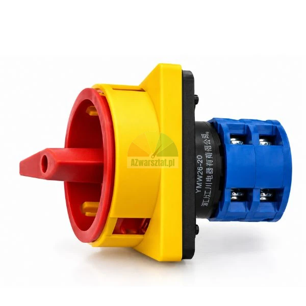 Yellow and red rotary cam main switch with blue terminal body on a white background.