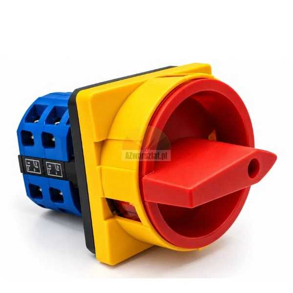 Industrial emergency stop rotary switch with a red handle, yellow frame, and blue terminal block