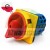 Industrial rotary emergency main switch with red knob and yellow mounting plate on white background