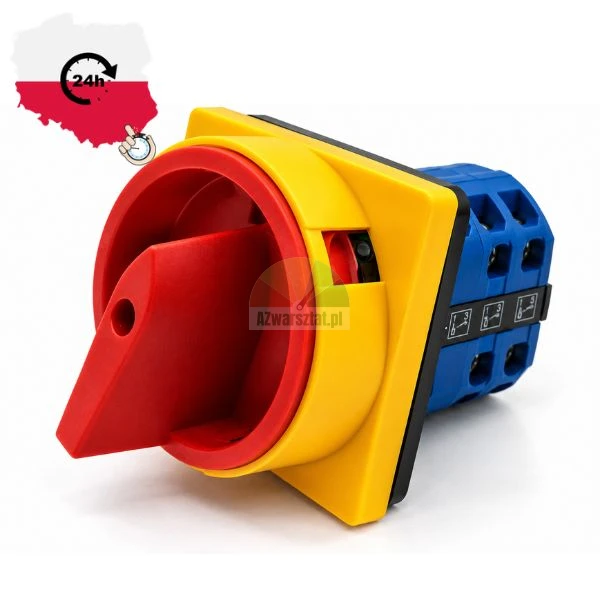 Industrial rotary emergency main switch with red knob and yellow mounting plate on white background