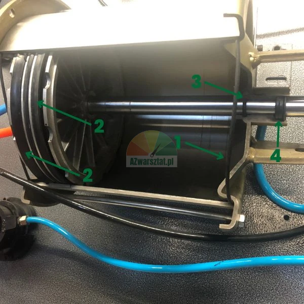 Cross section of a pneumatic cylinder with numbered piston and rod seals.