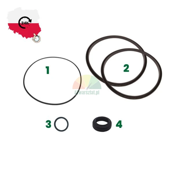 Set of rubber seals and O-rings numbered from 1 to 4 on a white background