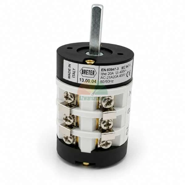 Breter industrial rotary cam switch 20A 400V with metal operating shaft on a white background