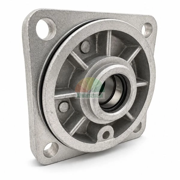 Metal pump mounting flange with rubber o-ring seal on a white background.