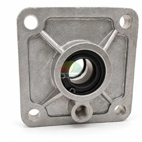 Square metal bearing housing or pump flange with internal rubber seal and four mounting holes on a white background