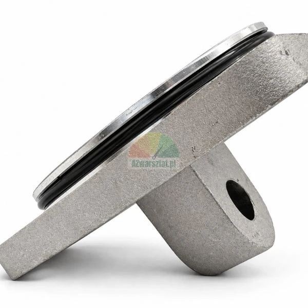 Metal component with black rubber O-ring seal and mounting hole on white background