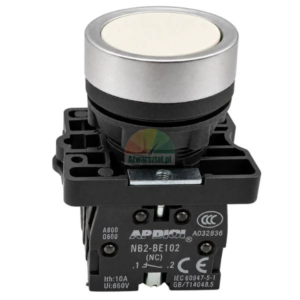 White lift push button with metal bezel and 2 x NC contact block APDIOI