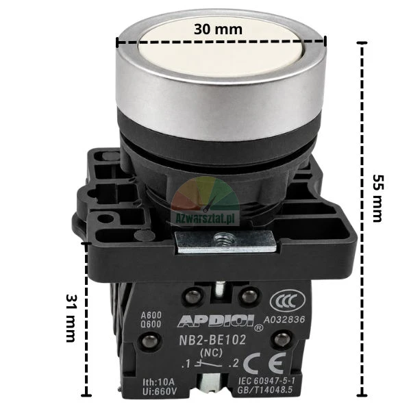 White hoist push button switch 2 x NC with dimensions
