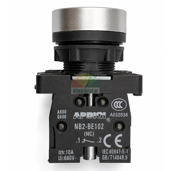 Industrial push button switch with metallic head and APDIQI NB2-BE102 NC contact block