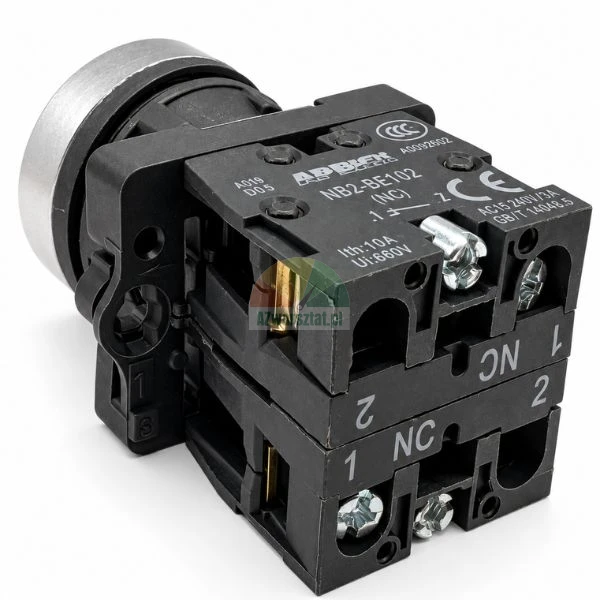 Industrial push button switch with NC contact block NB2-BE102 on a white background