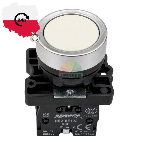 White industrial push button switch with metal bezel and NC contact block APBIOI NB2-BE102.