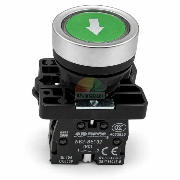 Green push button switch with arrow for lift control, 1xNC contact block