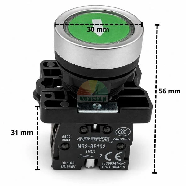 Green lift push button with arrow 1xNC with dimensions